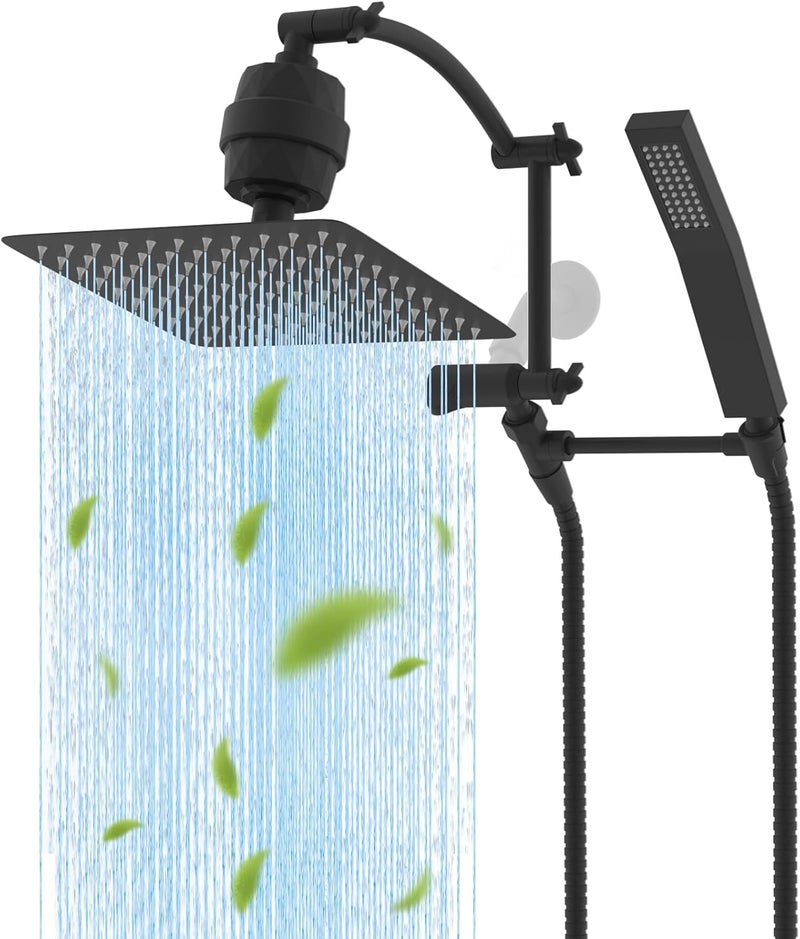 Hibbent All Metal 10'' Filtered Rainfall Shower Head with Handheld Combo, High Pressure Shower Wand, 16'' Adjustable Extension Arm, 20 Stage Shower Filter, 71'' Hose, Shower Holder, Matte Black - Image 1